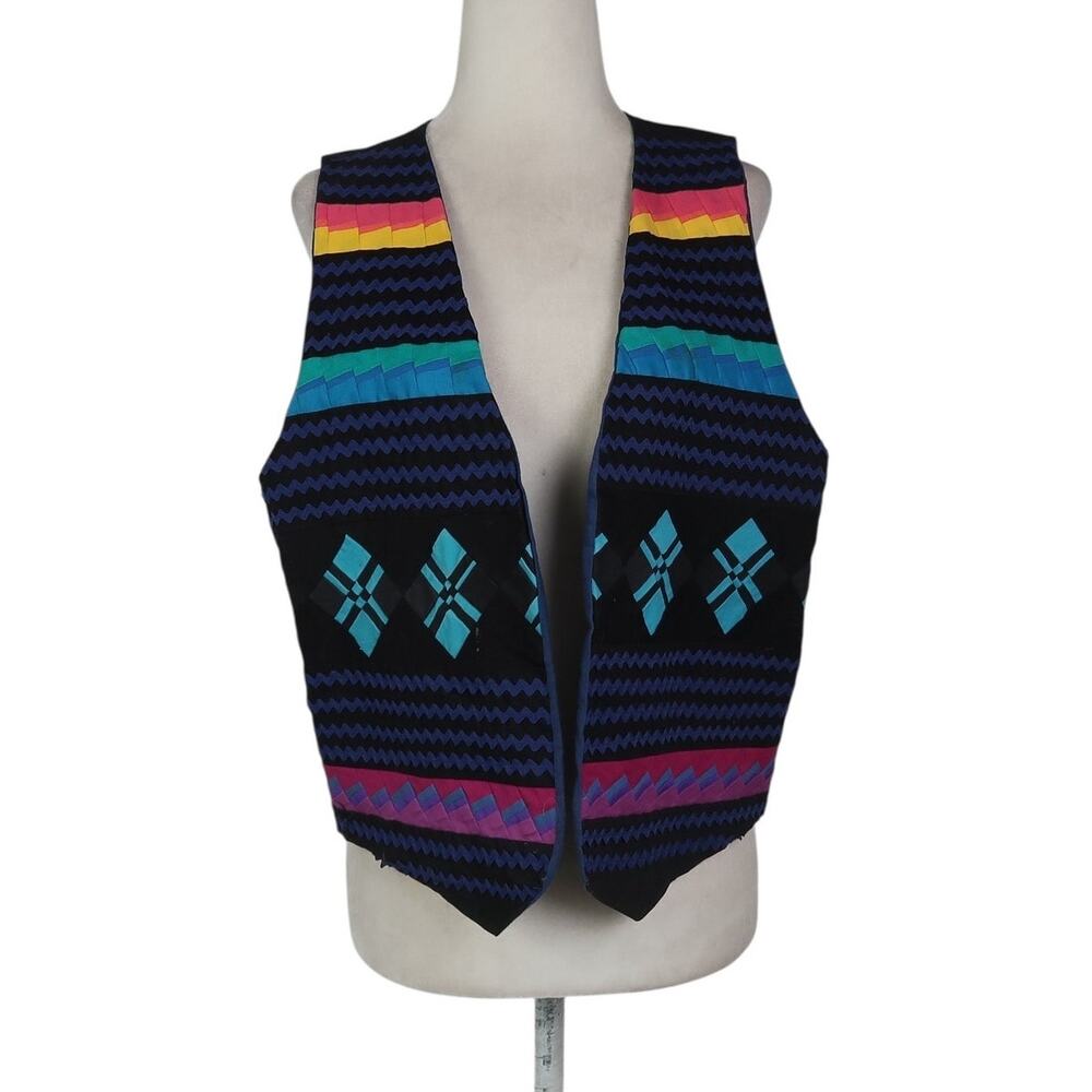 Vintage 80s Black and Blue Southwestern Geo Patchwork Vest L